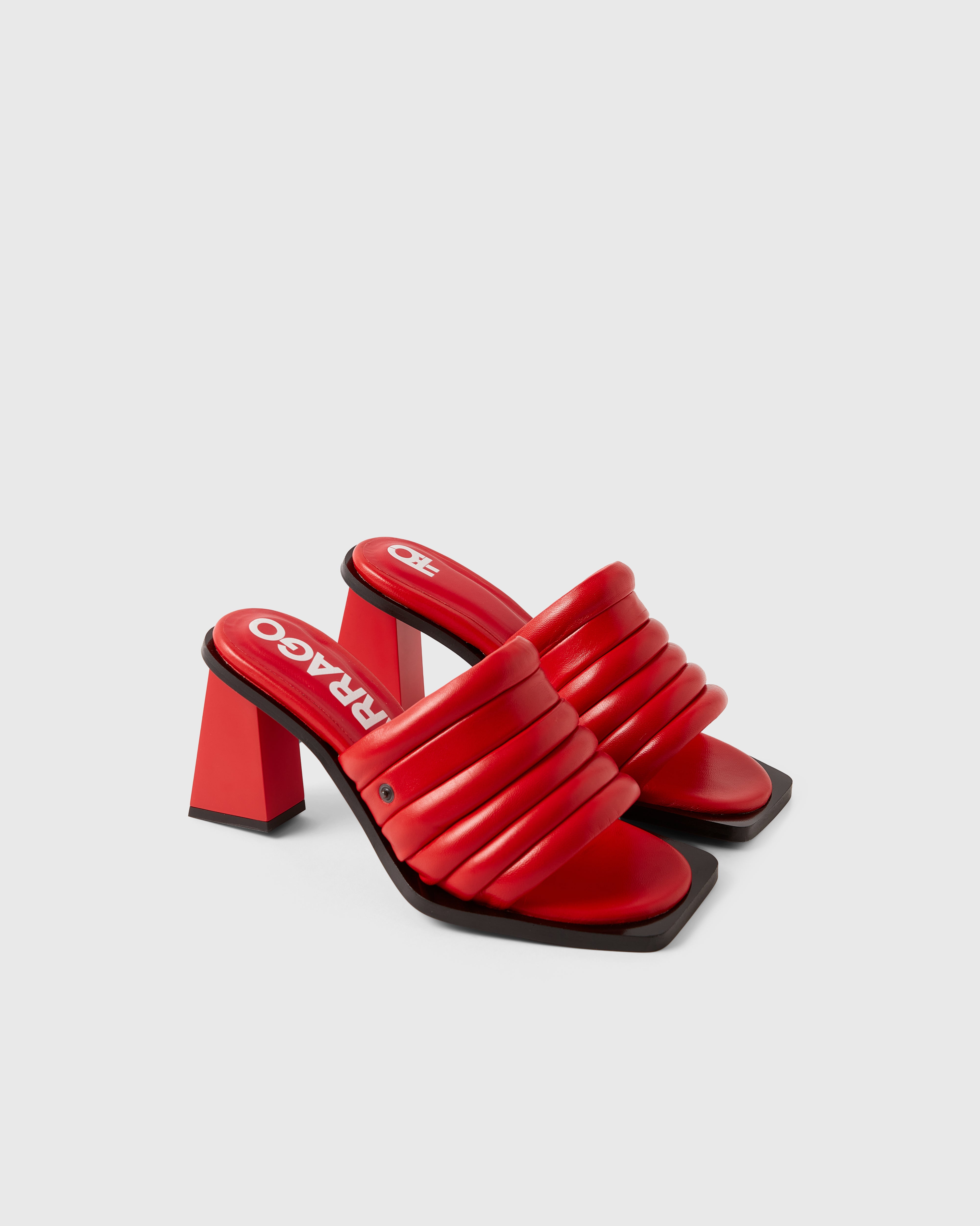 Farrago Charter sustainable designer leather heeled mules in ravish red.
