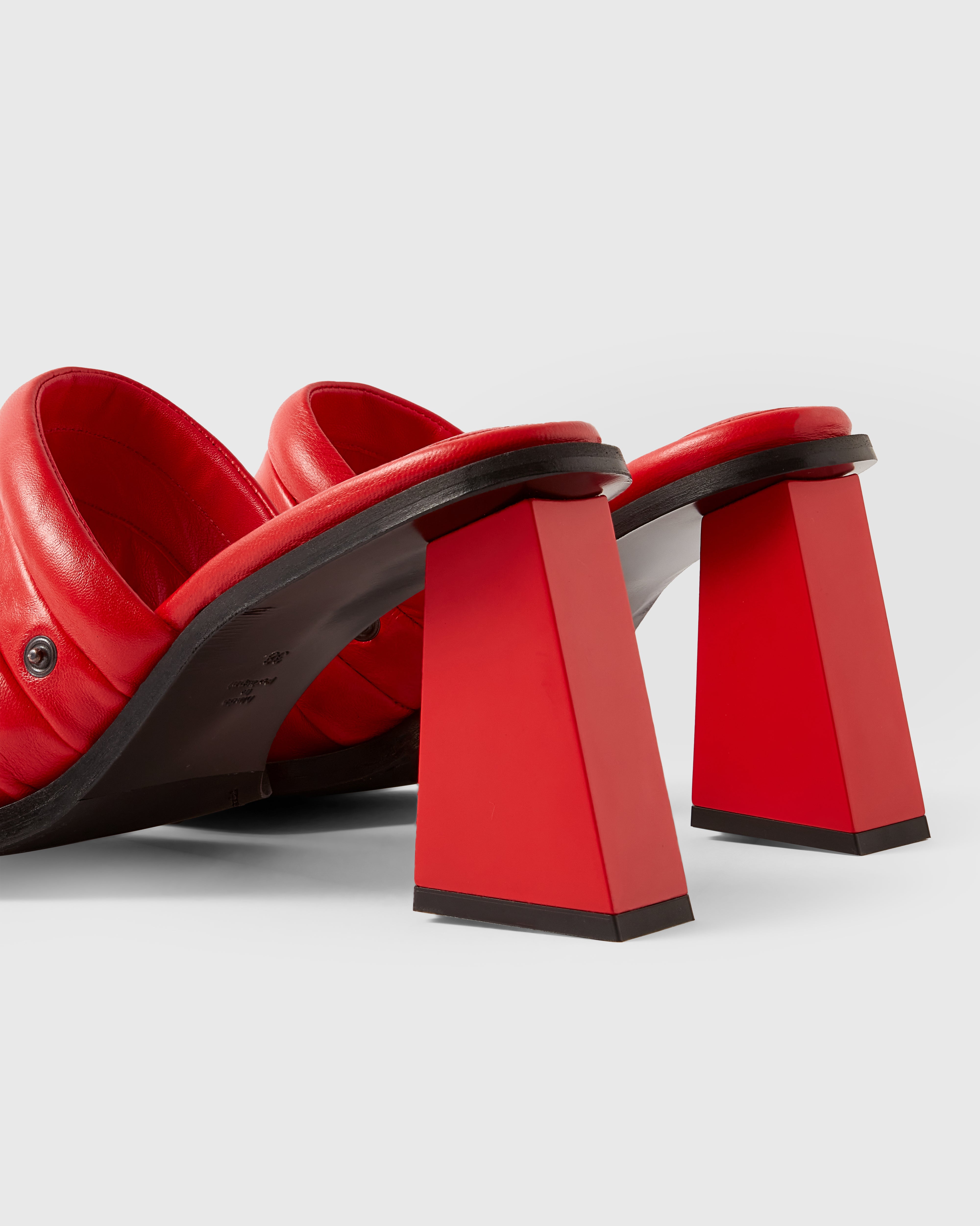 Farrago Charter sustainable designer leather heeled mules in ravish red.