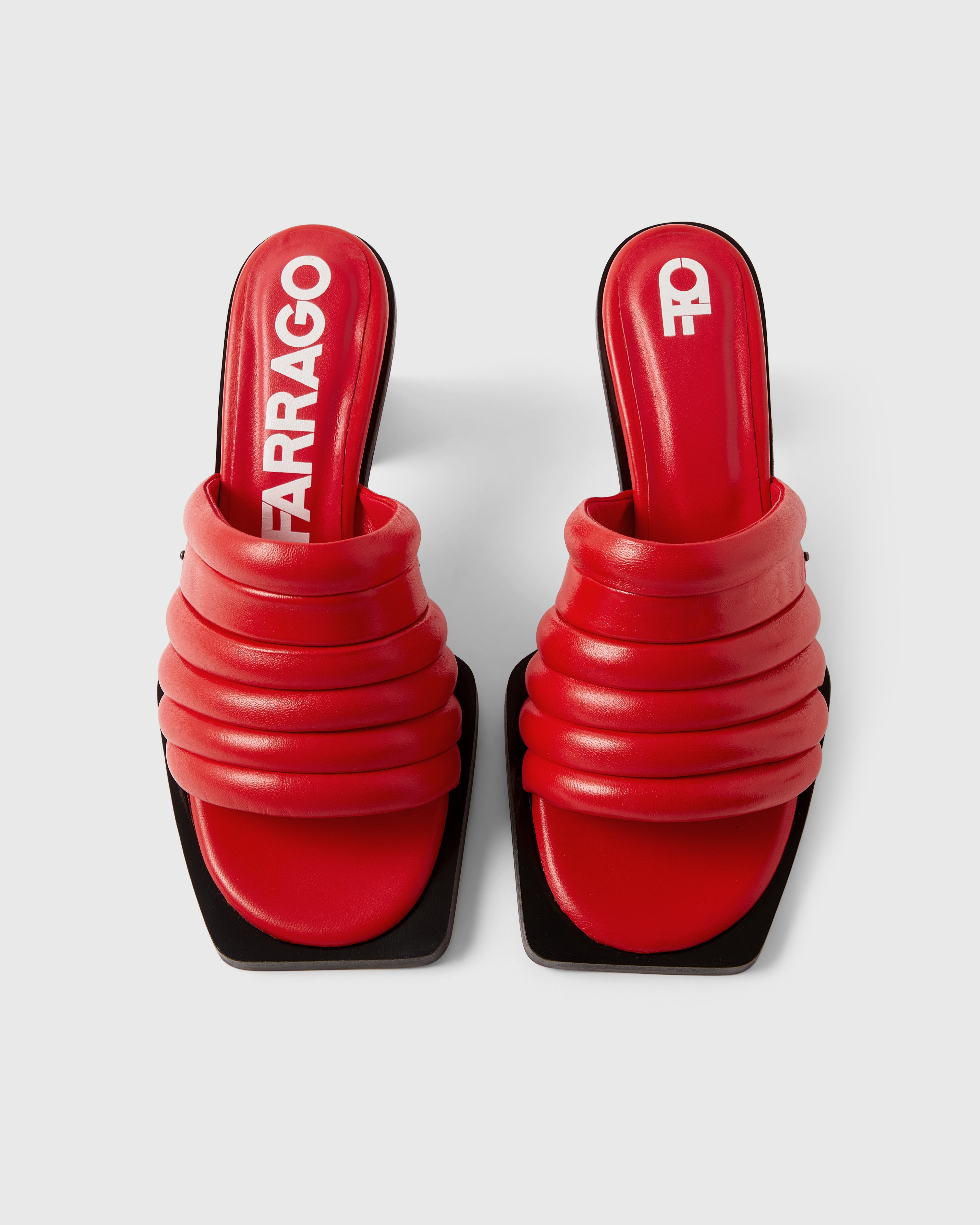 Farrago Charter sustainable designer leather heeled mules in ravish red.