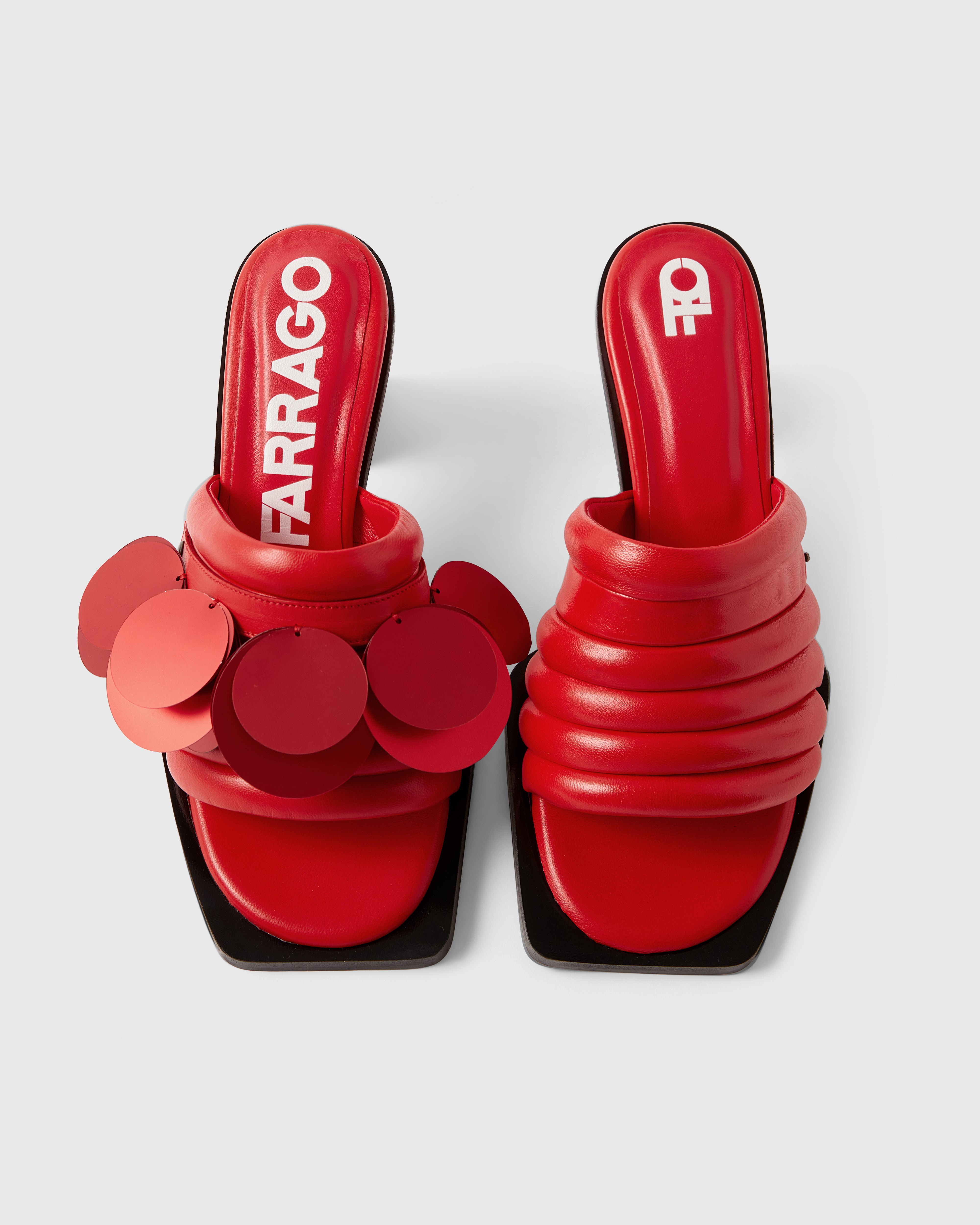 Farrago Charter sustainable designer leather heeled mules in ravish red with ravish red oversized sequin accessories.