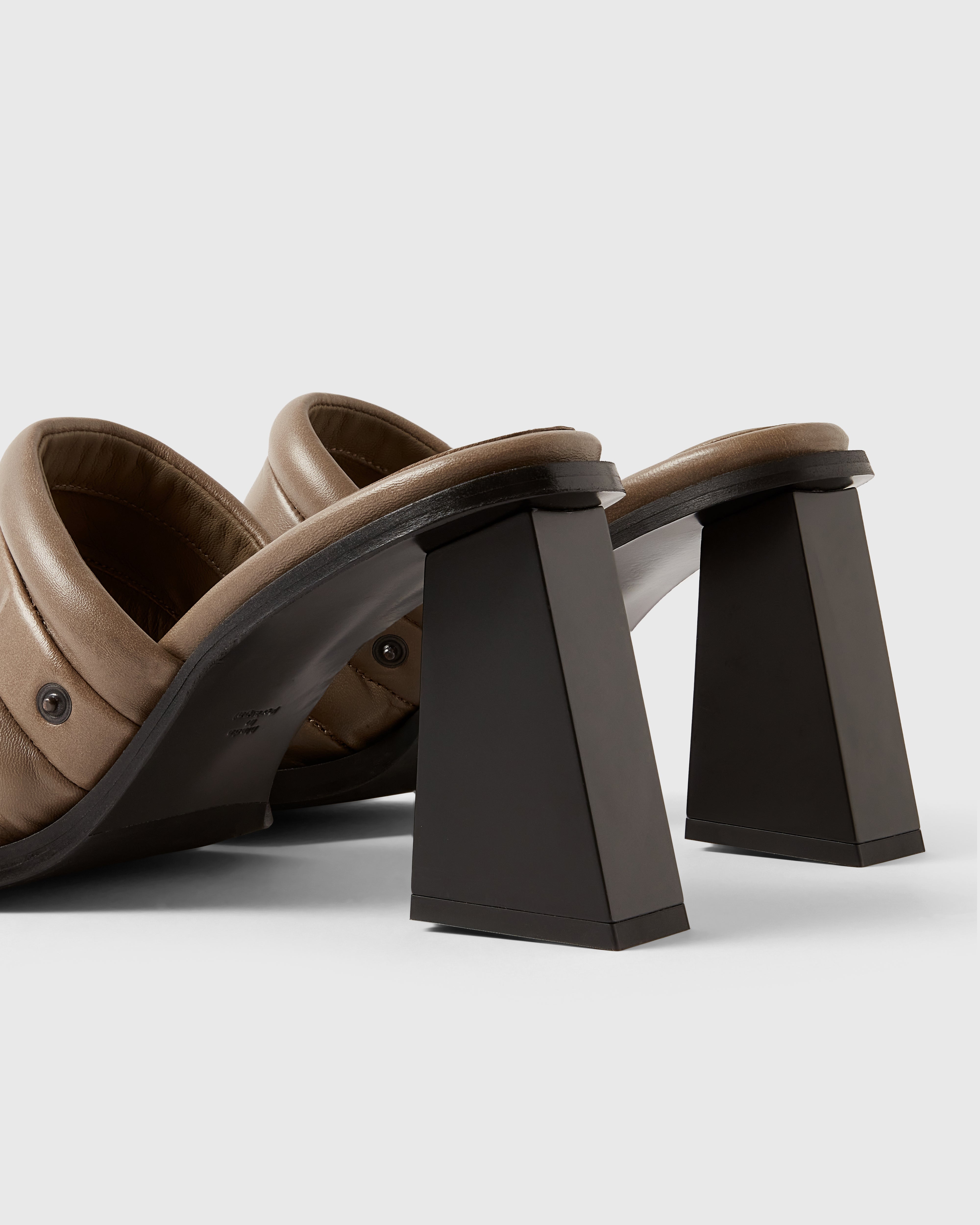 Farrago Charter sustainable designer leather heeled mules in truffle taupe.
