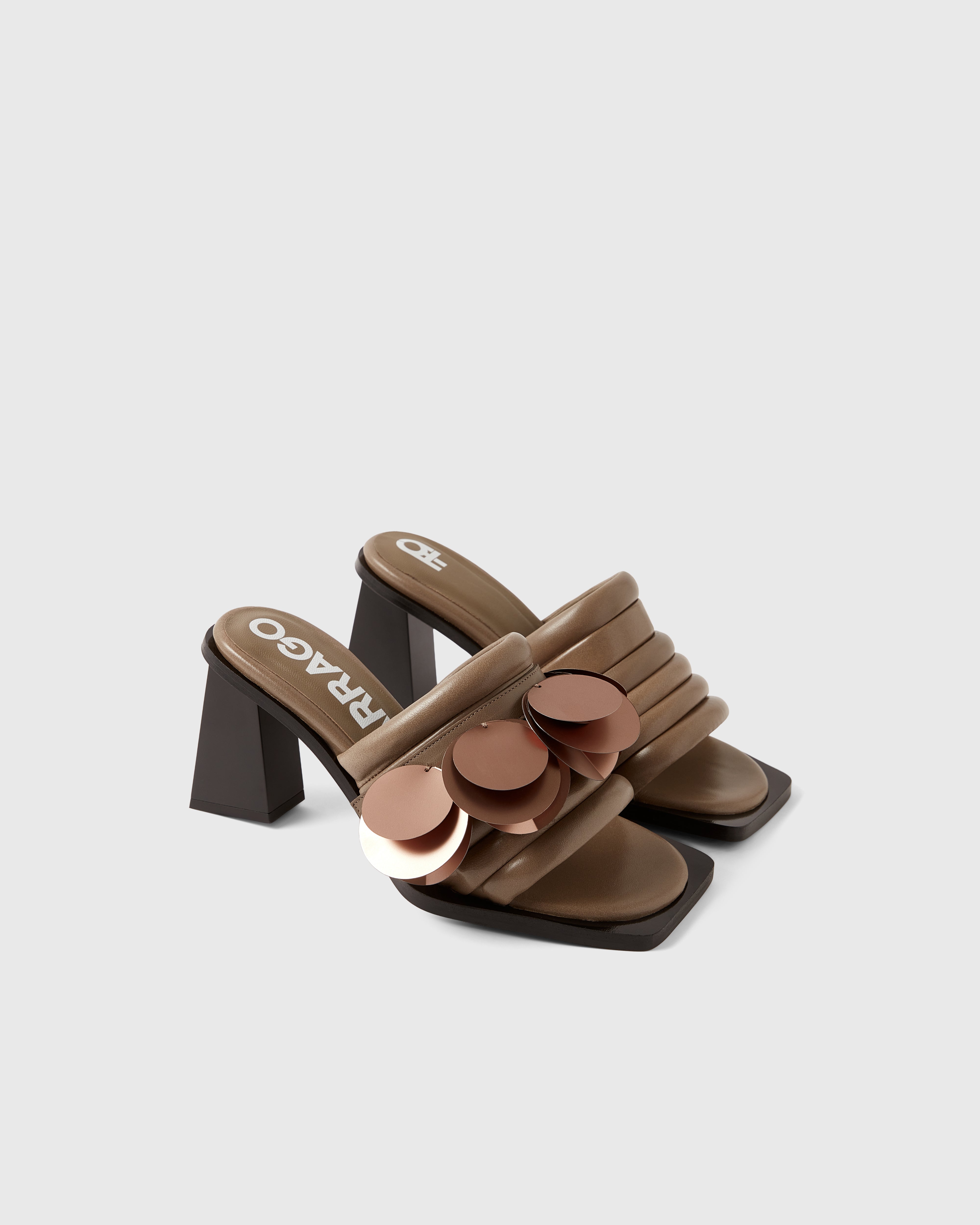 Farrago Charter sustainable designer leather heeled mules in truffle taupe with bronze oversized sequin accessories.