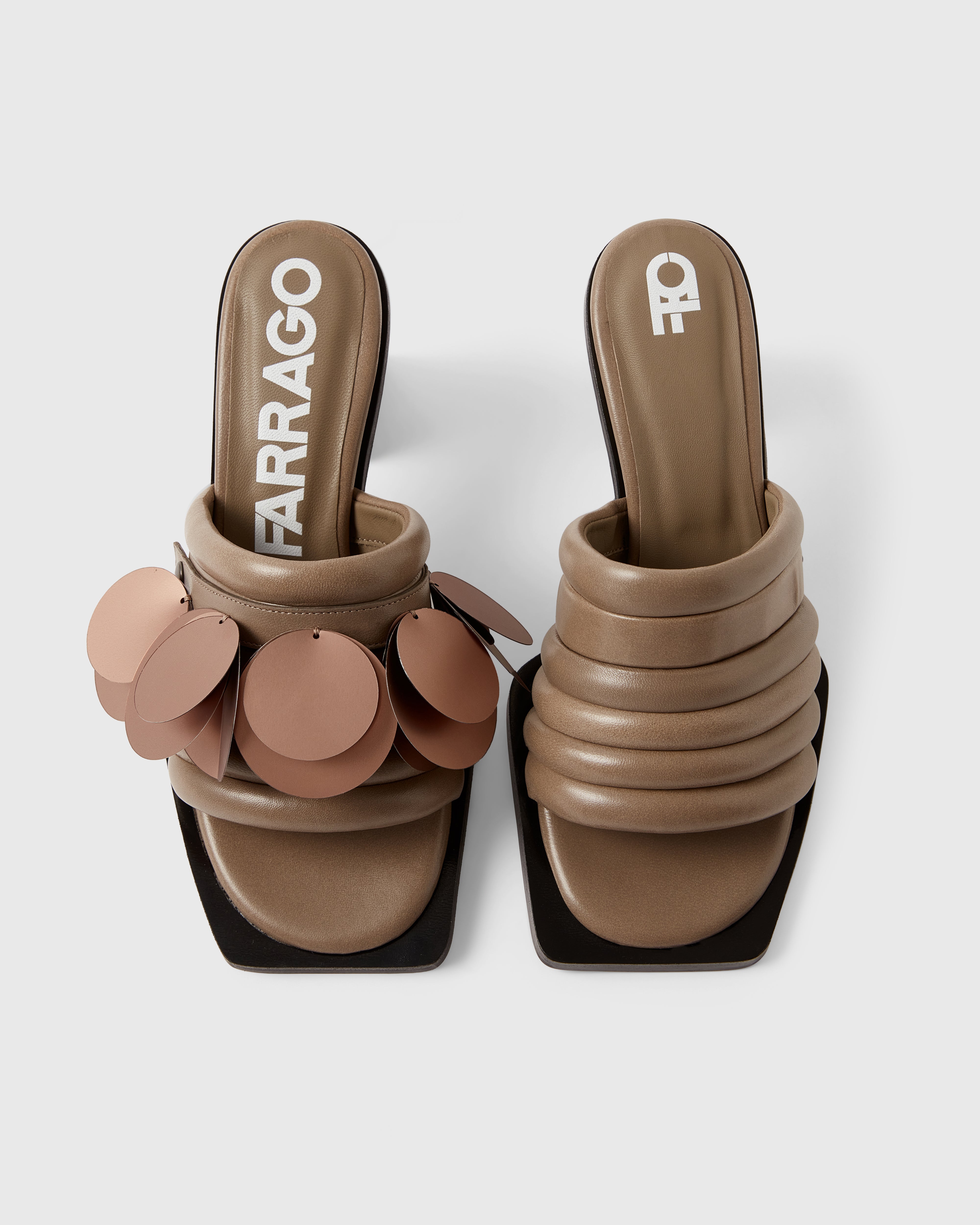 Farrago Charter sustainable designer leather heeled mules in truffle taupe with bronze oversized sequin accessories.