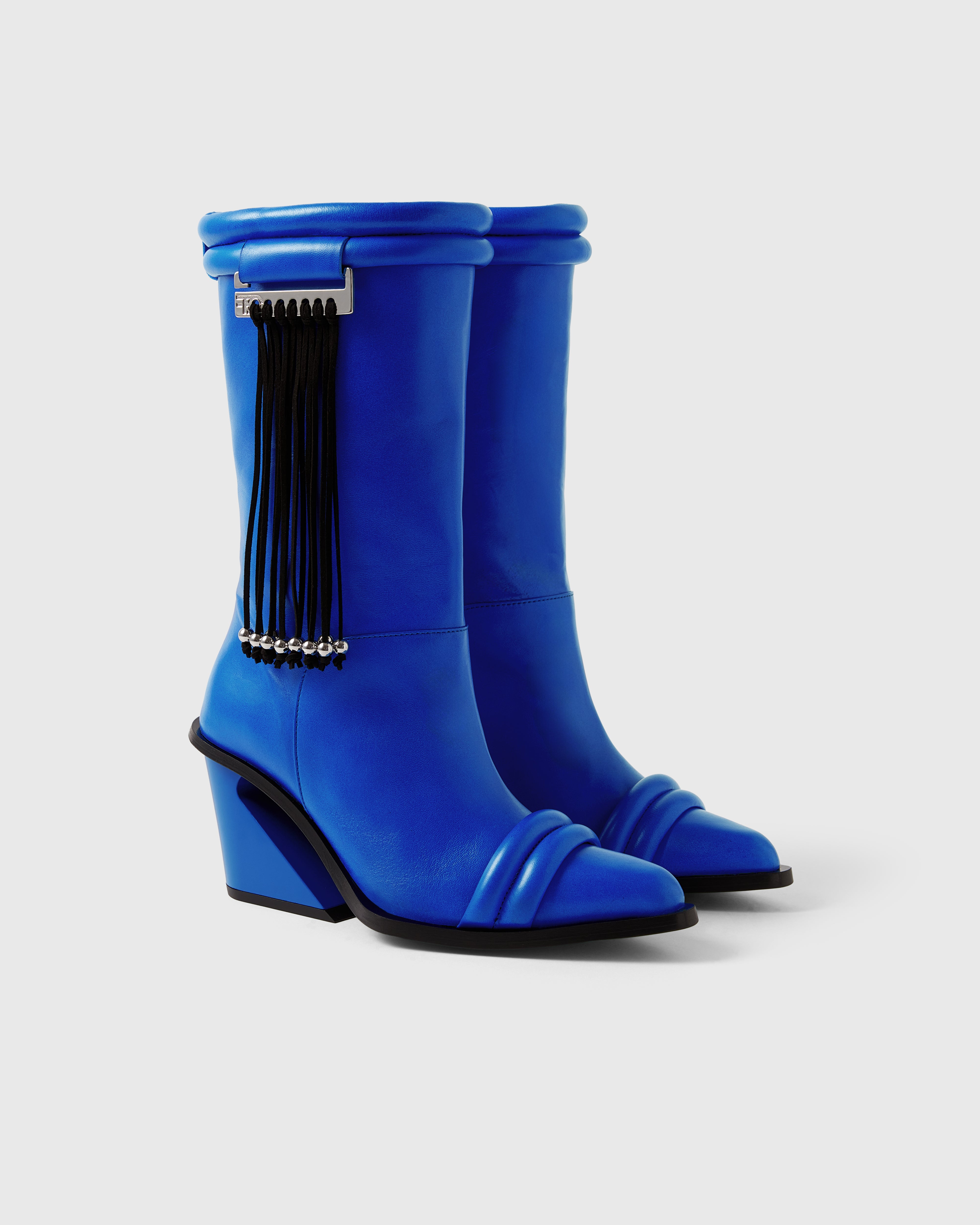 Farrago Thalia sustainable designer leather boots in electric blue with black beaded tassel accessories.