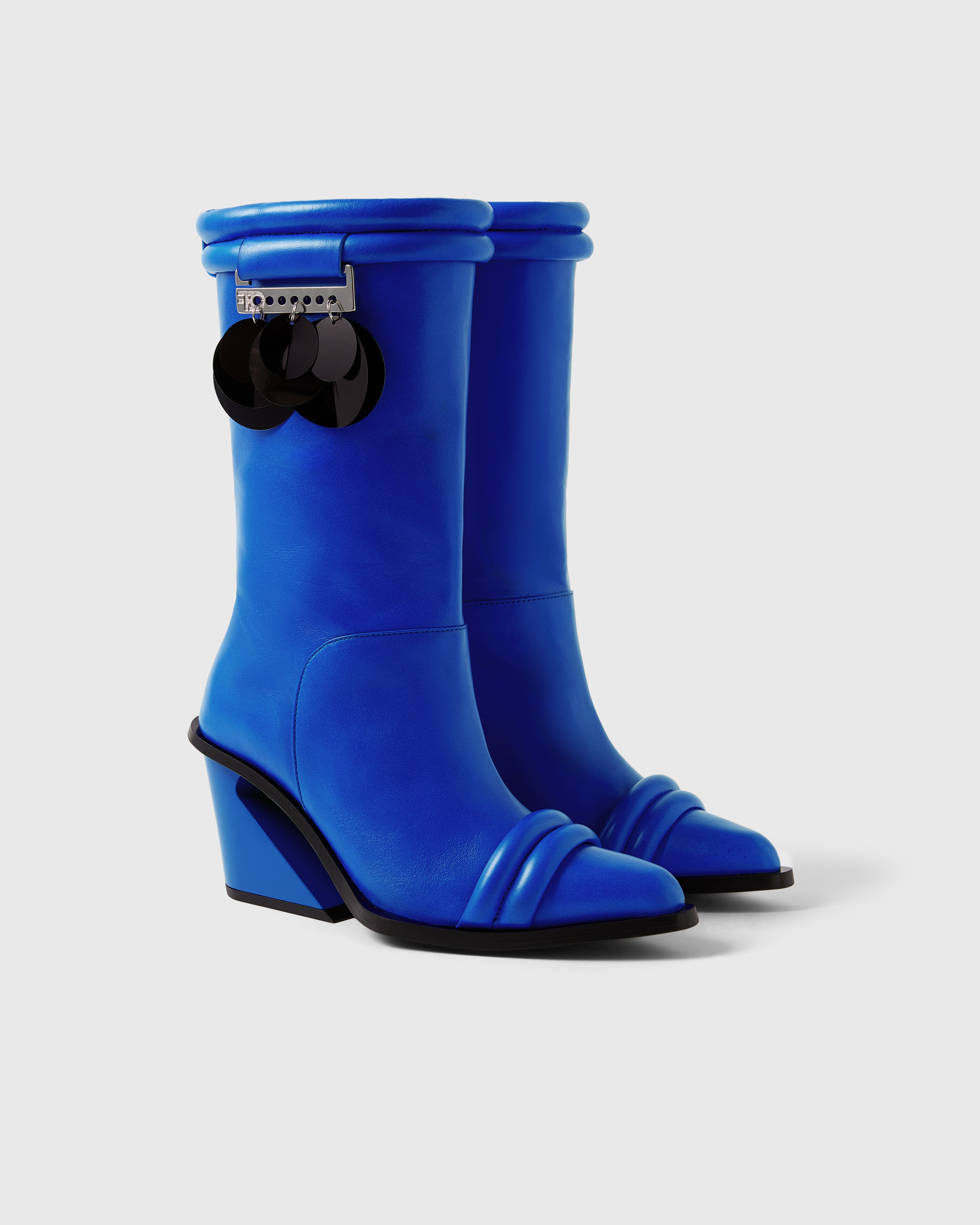 Farrago Thalia sustainable designer leather boots in electric blue with black sequin accessories.
