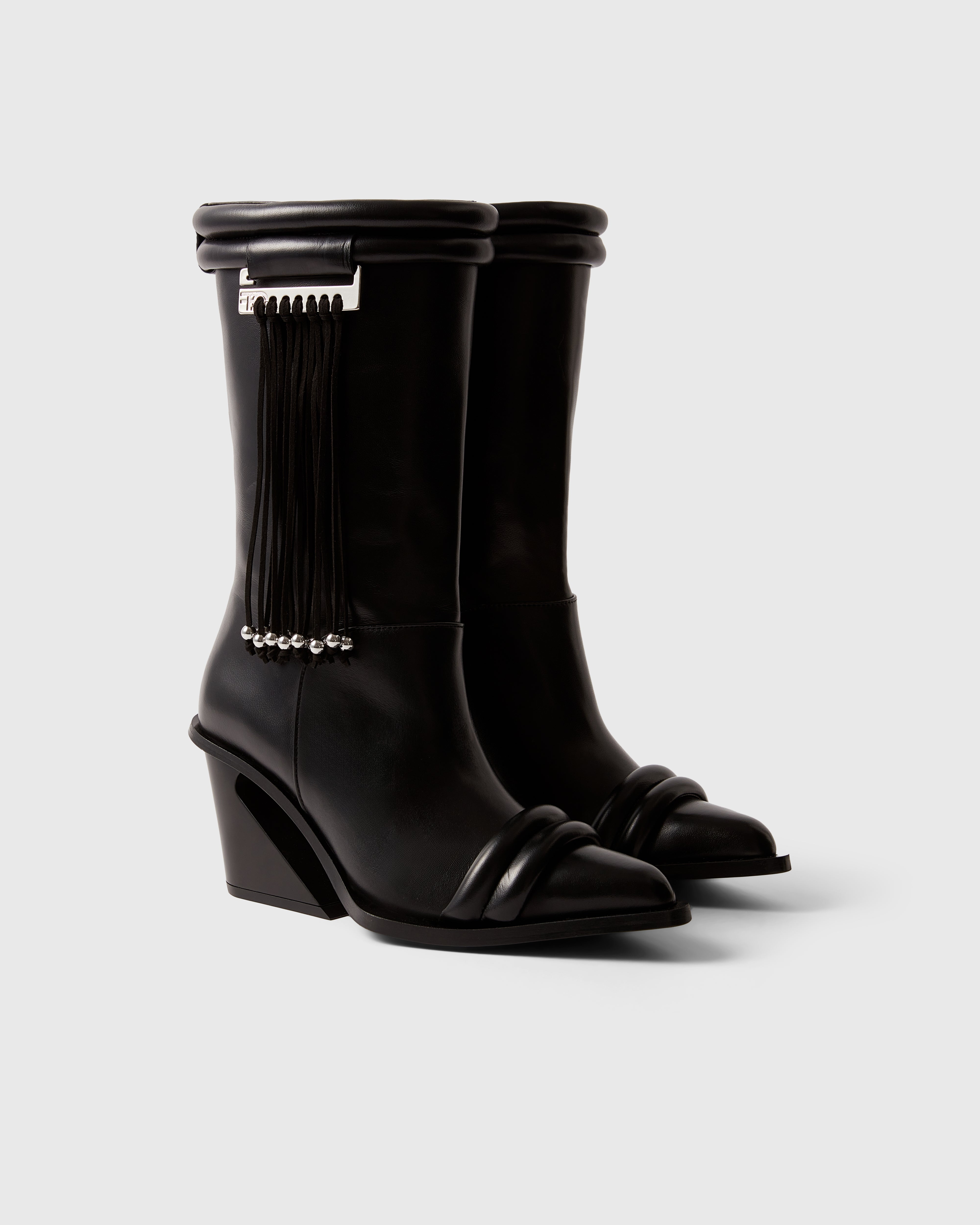 Farrago Thalia sustainable designer leather boots in jet black with black beaded tassel accessories.
