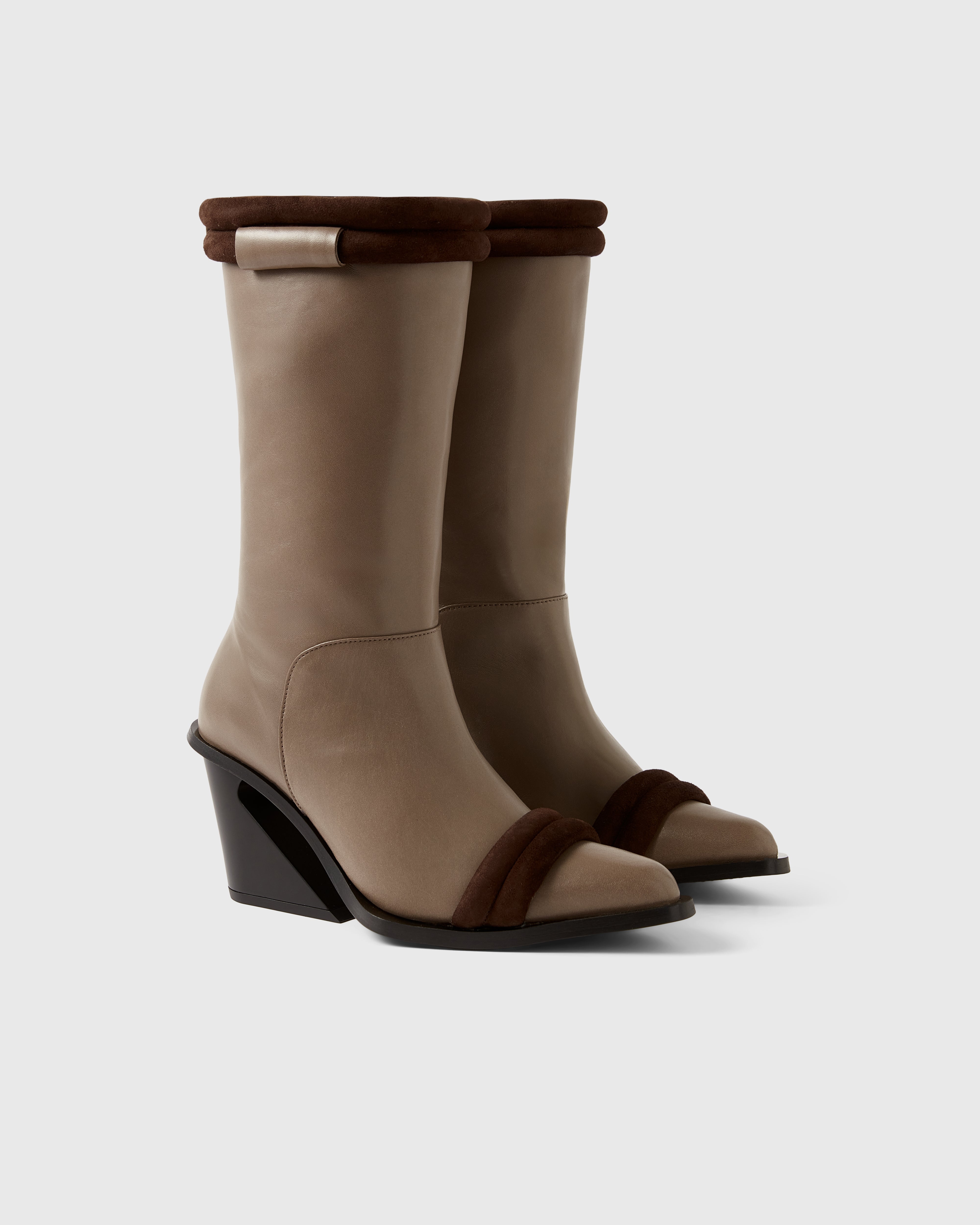 Farrago Thalia sustainable designer leather and suede boots in truffle cafe, brown and taupe.