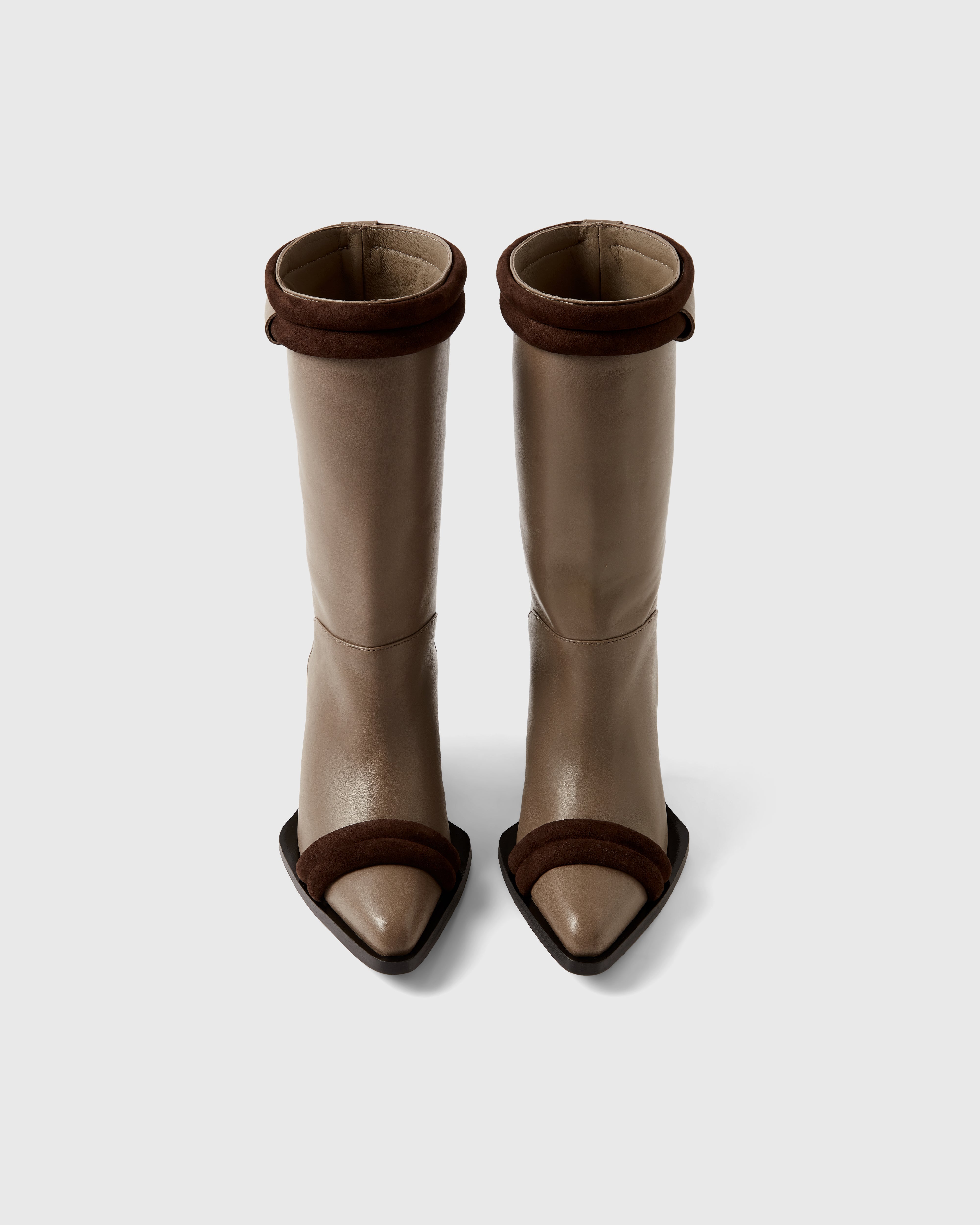 Farrago Thalia sustainable designer leather and suede boots in truffle cafe, brown and taupe.