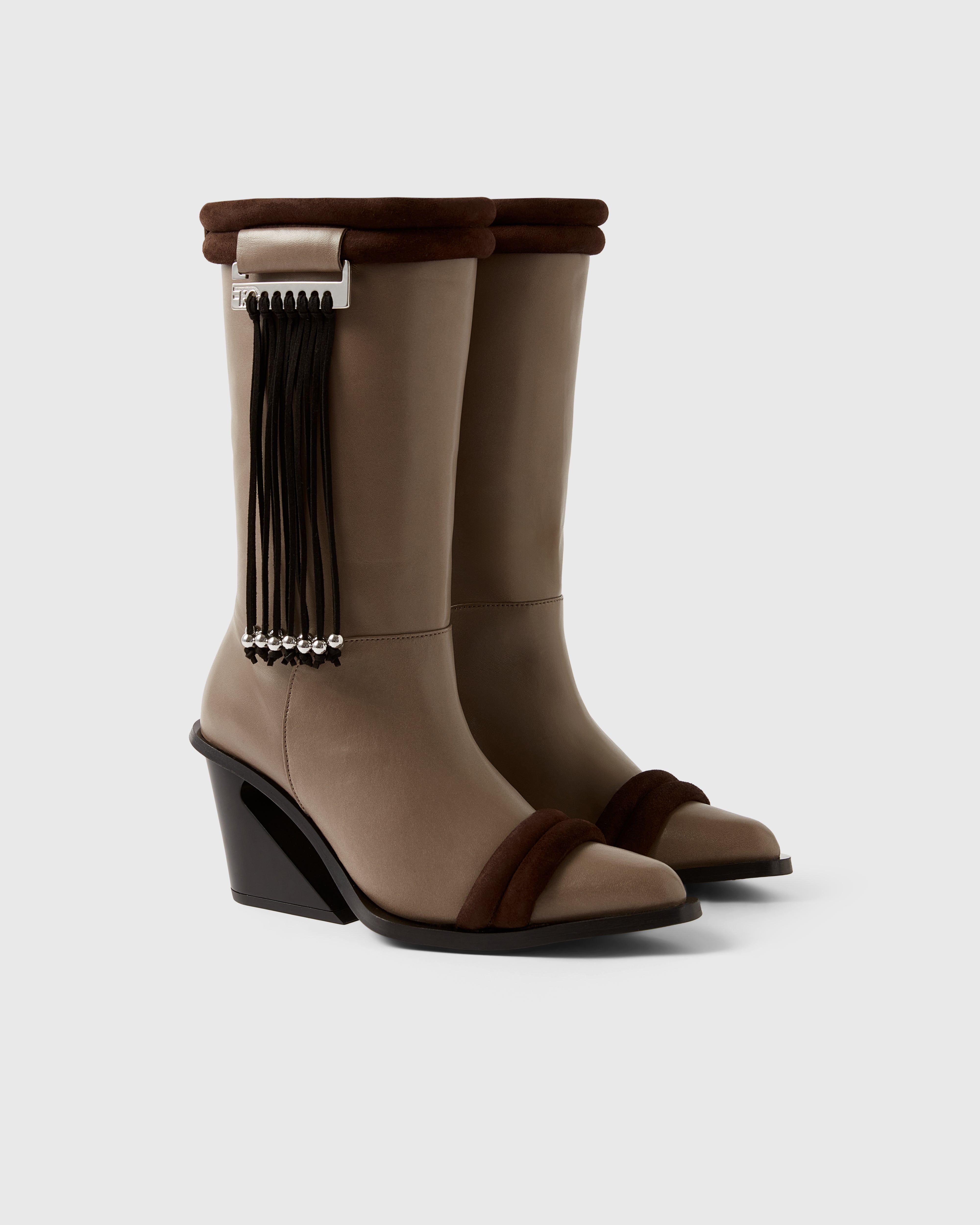 Farrago Thalia sustainable designer leather and suede boots in truffle cafe, brown and taupe. With black beaded tassel accessories.