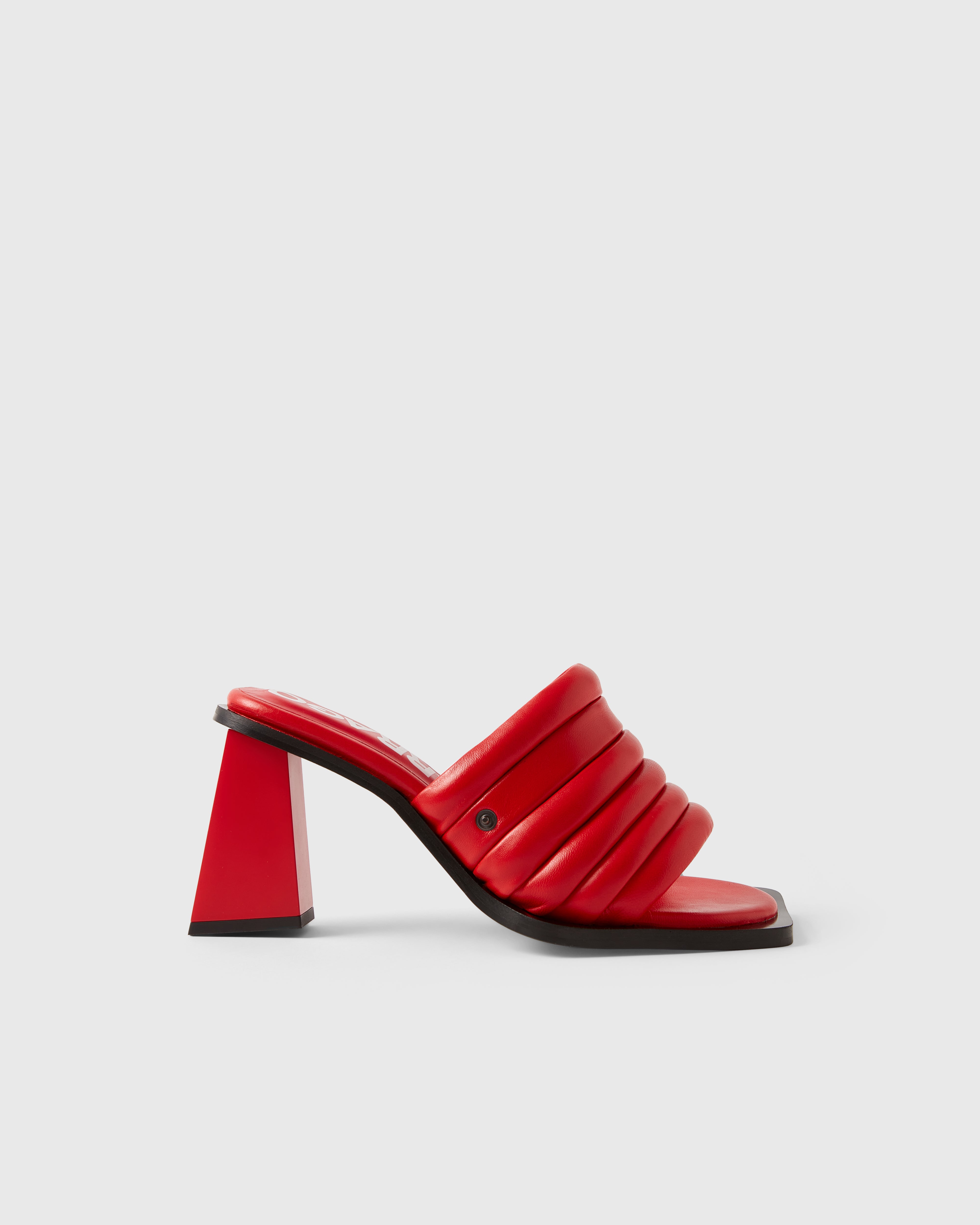 Farrago Charter sustainable designer leather heeled mules in ravish red.